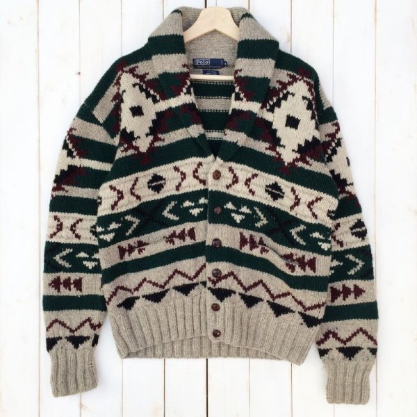 画像1: 90s Ralph Lauren NATIVE HAND KNIT CARDIGAN (1)