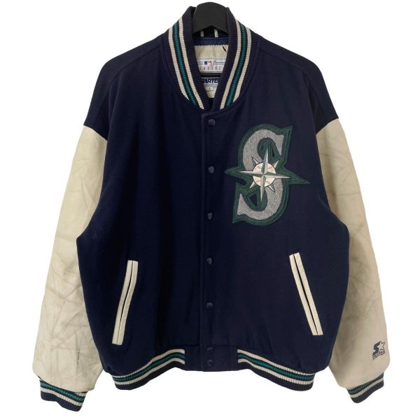 画像1: 90s USA製 STARTER SEATTLE MARINERS WOOL LEATHER STUDIUM JACKET (1)